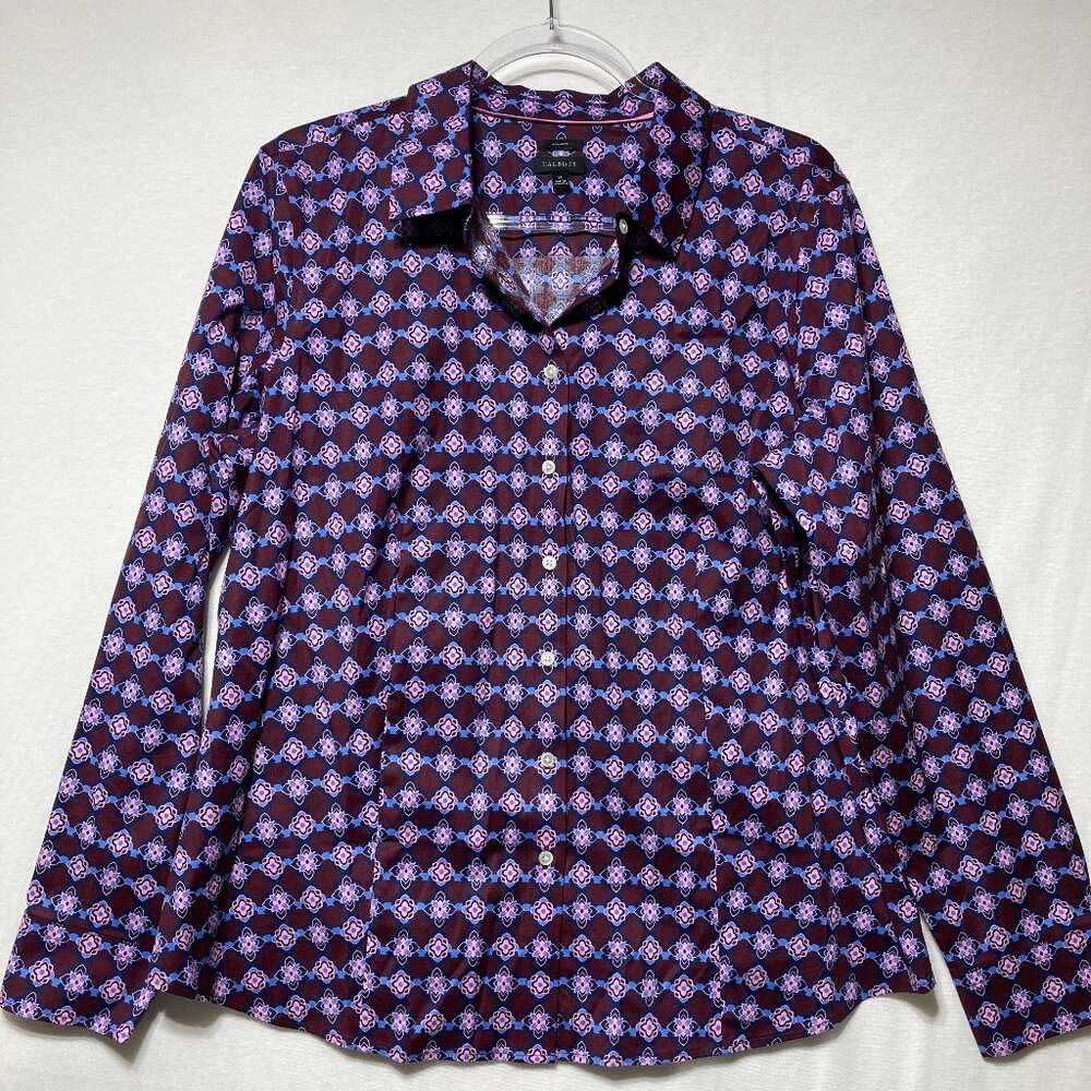 Talbots Shirt size 14 Purple Geometric Preppy Non-Iron Button Down Office Work
